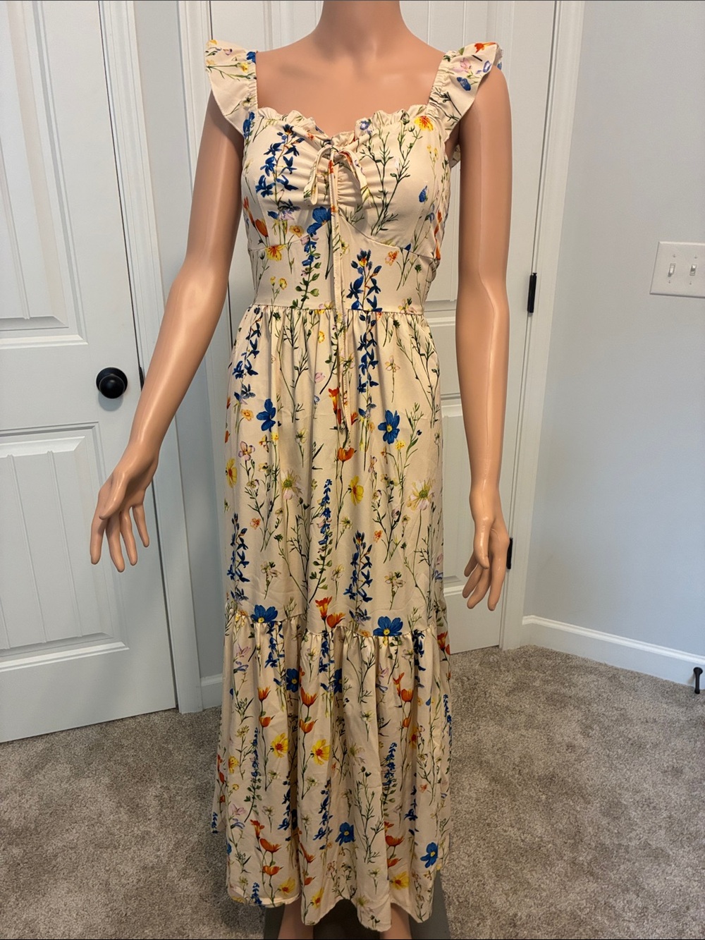 SHEIN Cream Floral Ruching Maxi Dress with Flutter Straps